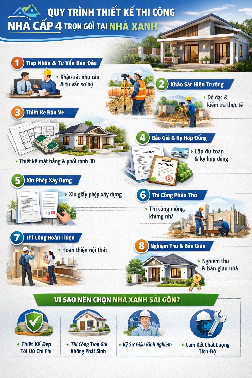 Quy trình thiết kế thi công nhà cấp 4 trọn gói tại Nhà Xanh Sài Gòn