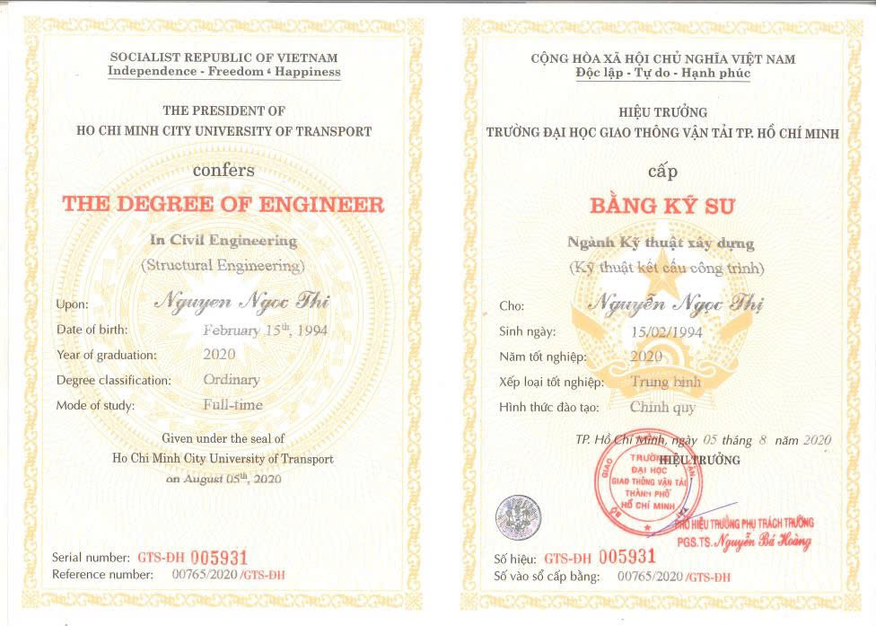 Bằng kỹ sư xây dựng Nguyễn Ngọc Thị