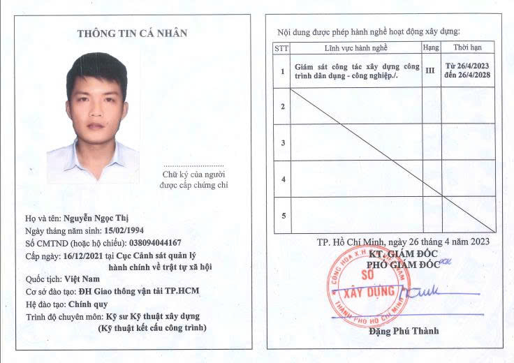 Chứng chỉ hành nghề giám sát xây dựng Nguyễn Ngọc Thị
