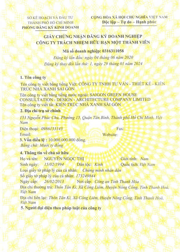 Giấy chứng nhận đăng ký doanh nghiệp Nhà Xanh Sài Gòn