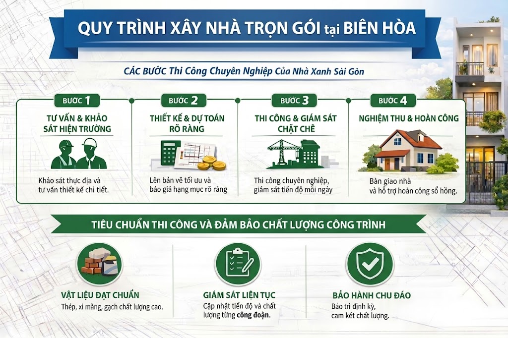 Quy tr&igrave;nh 4 bước thi c&ocirc;ng chuy&ecirc;n nghiệp của Nh&agrave; Xanh S&agrave;i G&ograve;n tại Bi&ecirc;n H&ograve;a